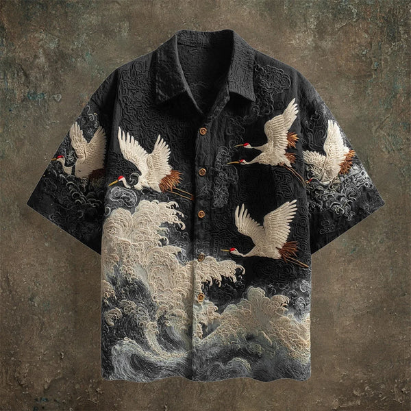 Flelix Crane Wave Artistic Shirt – Premium Japanese Style Designer Wear