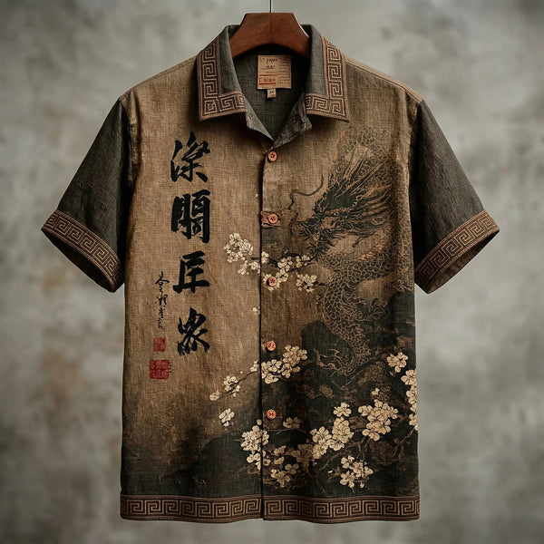 Flelix Vintage Dragon Blossom Shirt – Premium Asian Art Designer Wear
