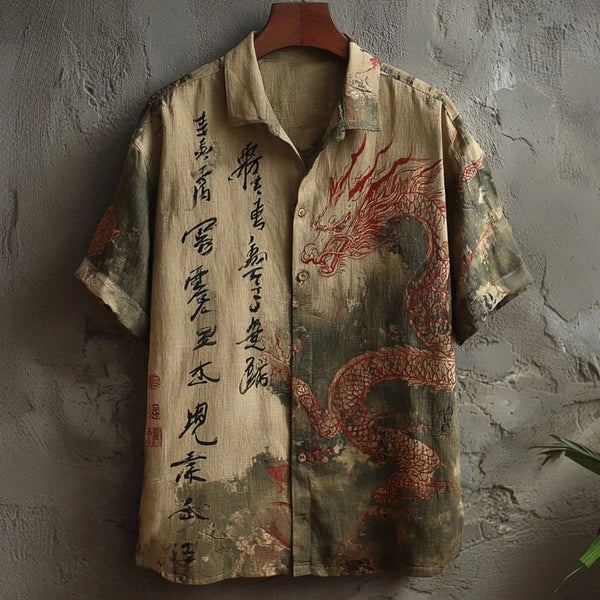 Flelix Crimson Dragon Calligraphy Shirt – Premium Vintage Asian Designer Wear